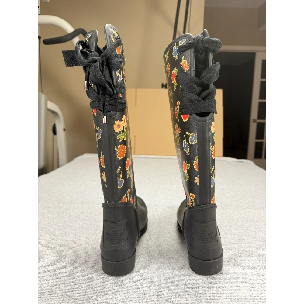 Coach Tristee Floral Rain Boots Black Matte Rubber Tall Lace Back Womens 8B